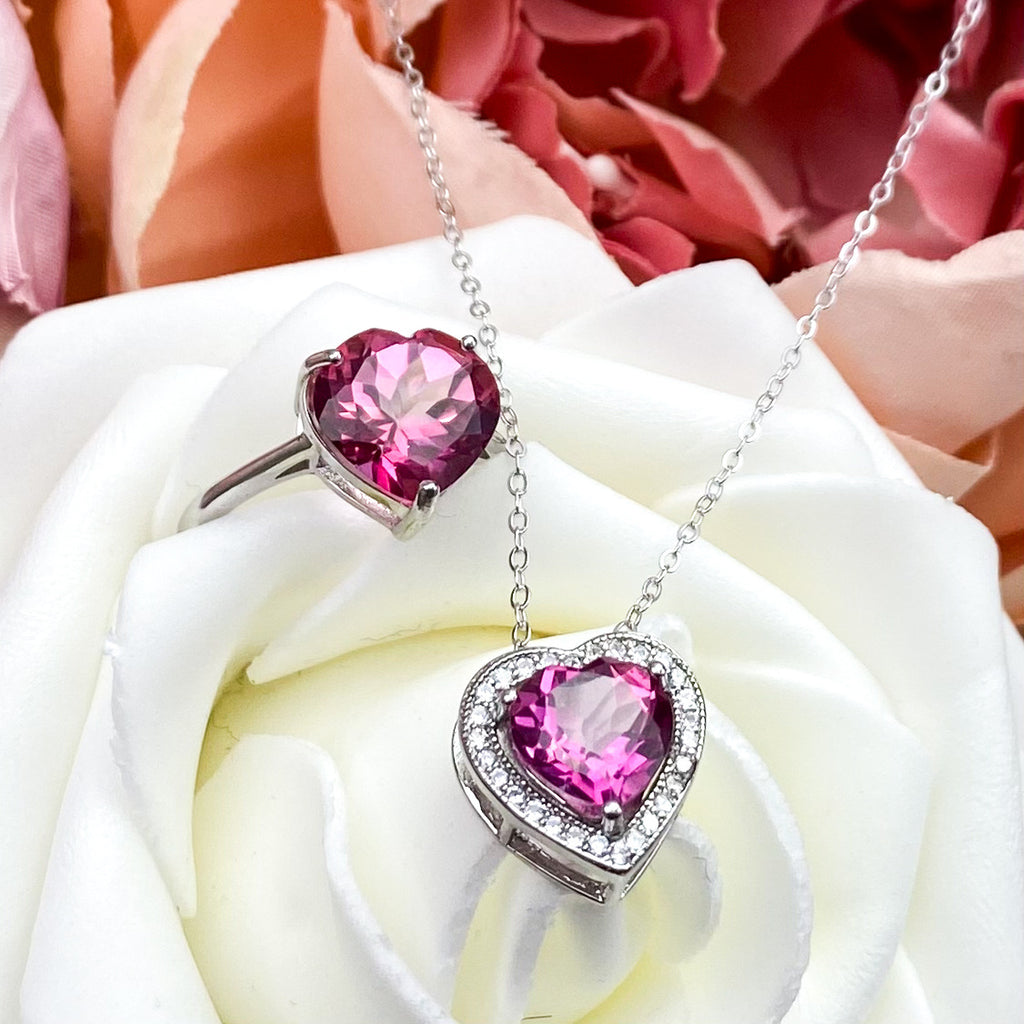 Radiant Love: Heart-shaped Pink Tourmaline & Diamond Jewelry Set