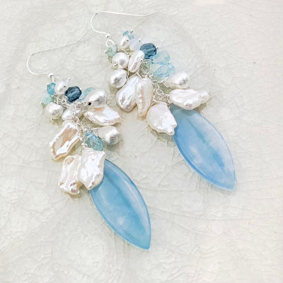 Aquamarine Marquee Pearl Cluster Earrings