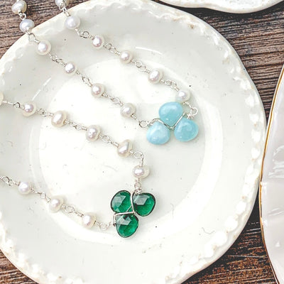 Emerald Quartz Siren Mini Katie on Pearls Necklace 