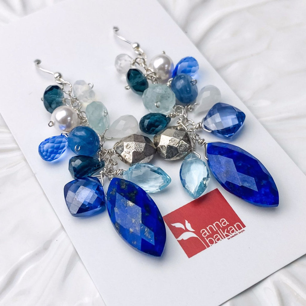 One Of A Kind Lapis and Topaz Cascading Cluster Earrings