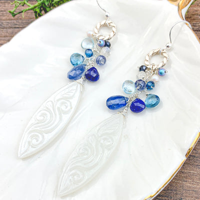 Carved Mother of Pearl and Denim Cluster Earrings