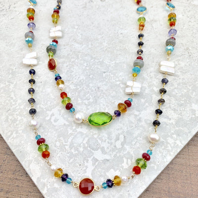 Colorful Necklace w/ Pearls and Gems 18" - Anna Balkan 